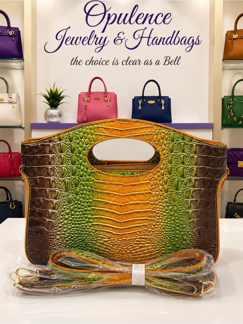 Green Ombre Croc-Embossed Women's Handbag with Top Handle